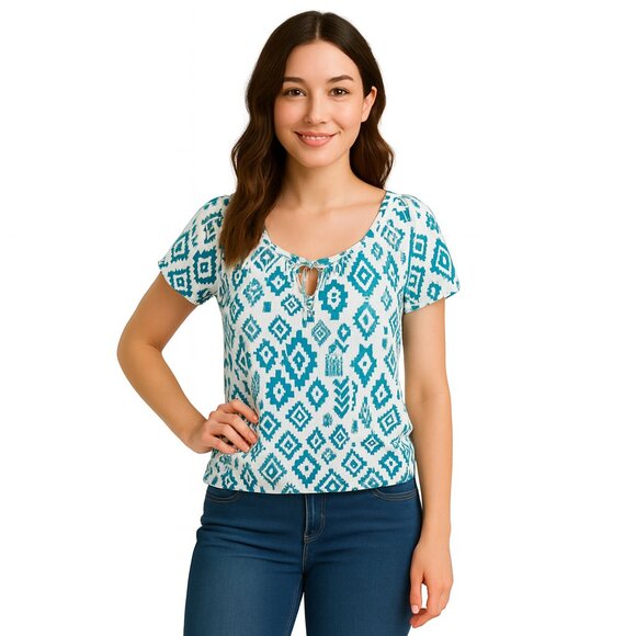 French Laundry Large Turquoise & White Boho Blouse - Picture 2 of 5